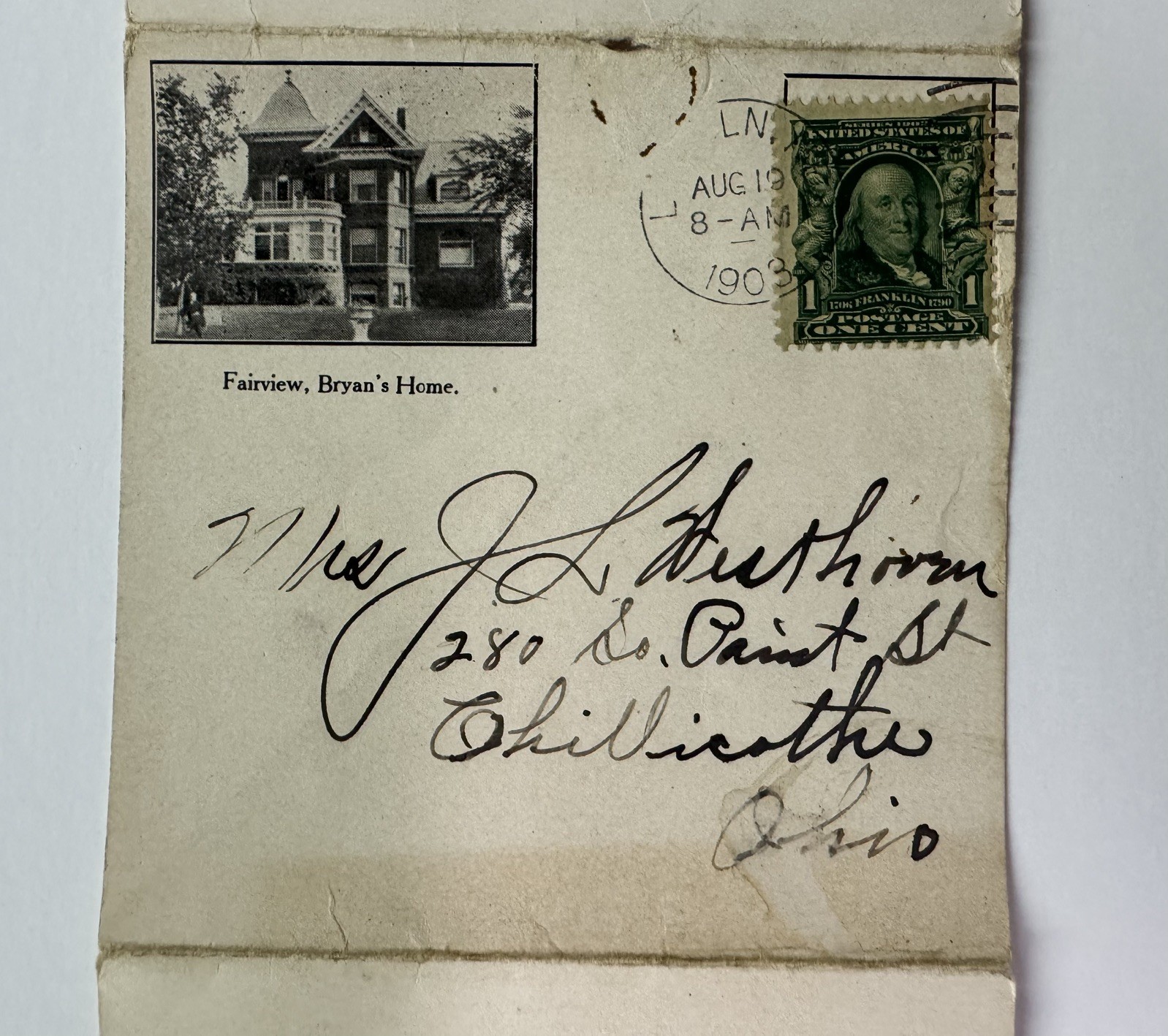 William Jennings Bryan Ephemera 3 1/2 x 3 1/2 (small) env. 1908 Fairview Home