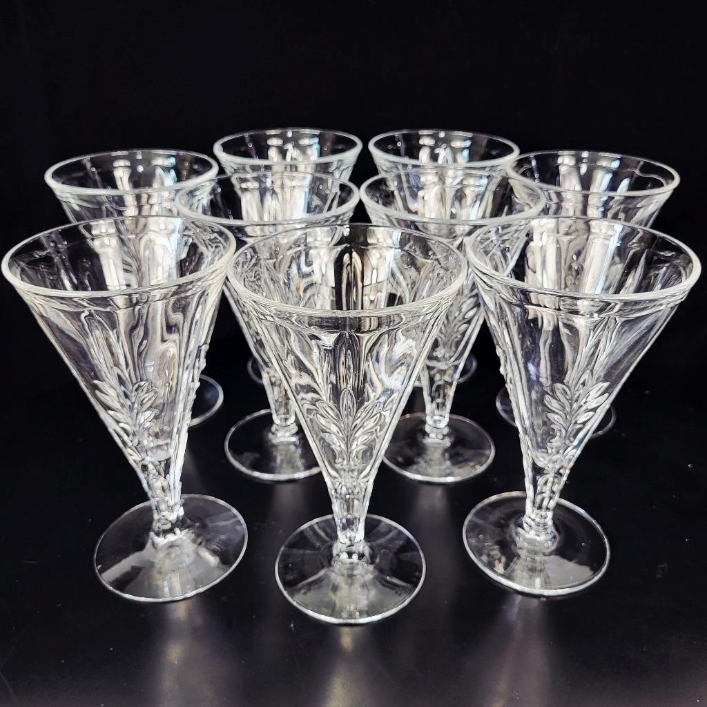 FOSTORIA~BAROQUE~SET OF 9~VINTAGE STEMMED CLEAR GLASS WATER GLASSES GOBLETS