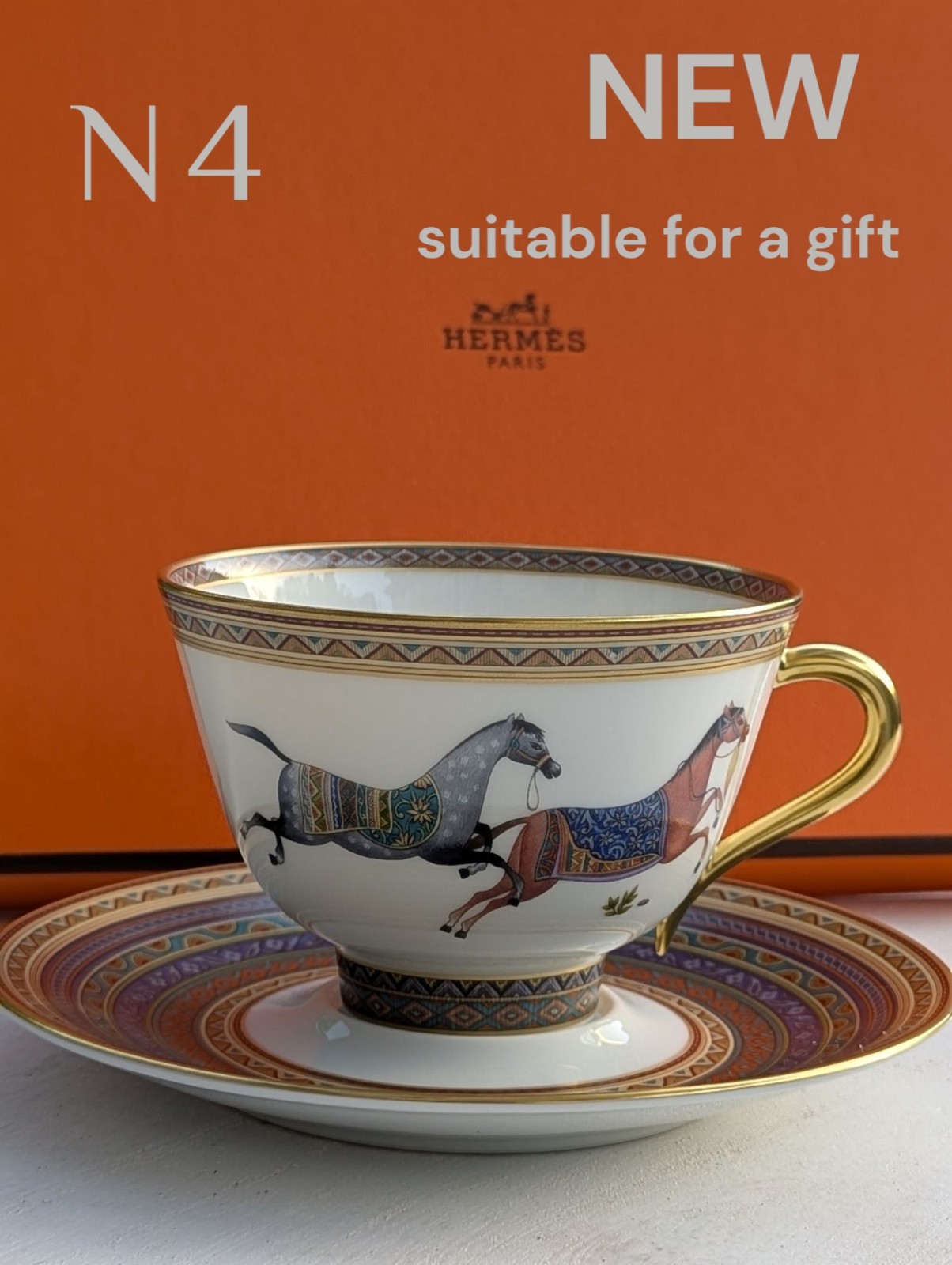 Hermes Cheval d'Orient Tea Cup and Saucer No 4 with Box and Ribbon New Aut