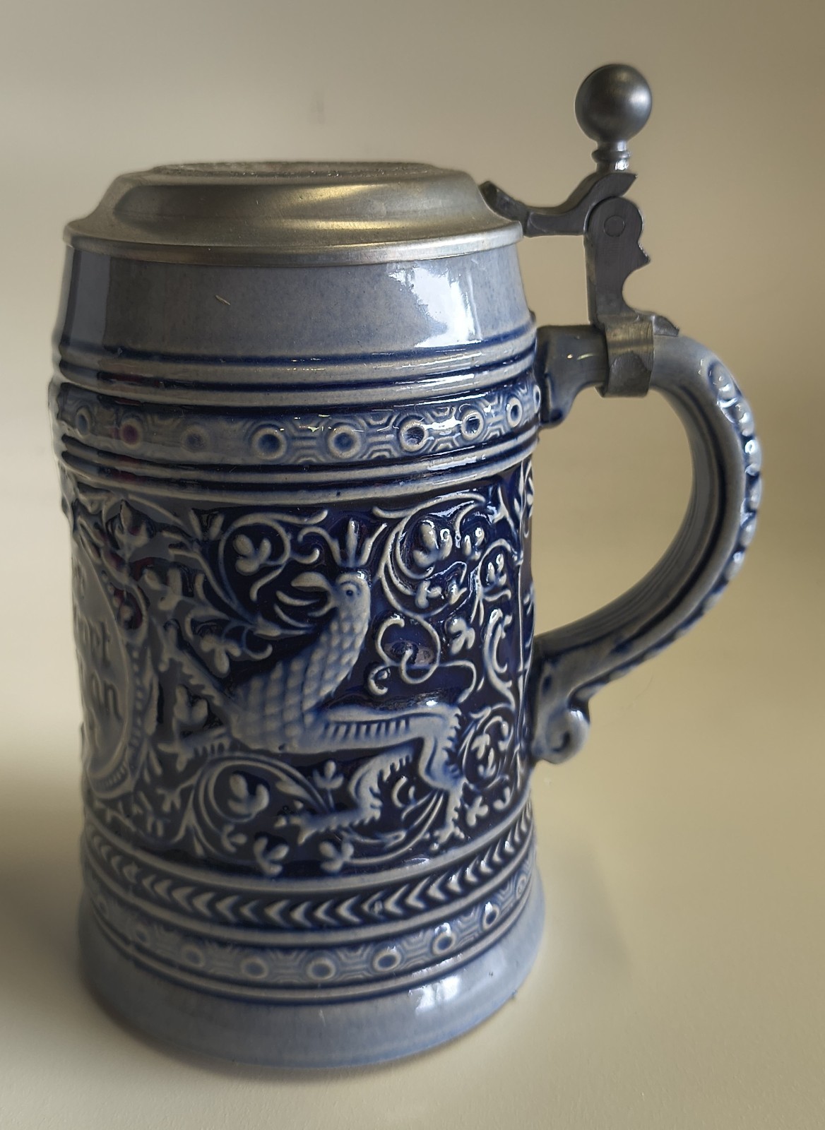 Vintage Erbo Zinn German Beer Stein Pewter Lid Cobalt Blue Gutes Bier Mug