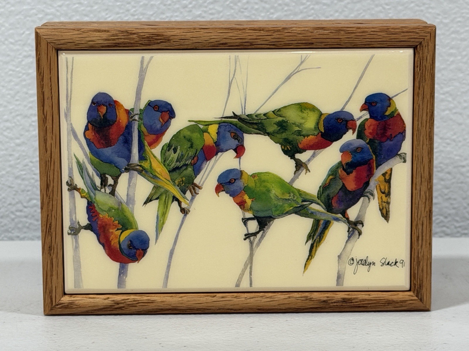 Vintage  Crane Creek Graphics Oak Trinket Box Ceramic Tile Lid Parakeets Signed