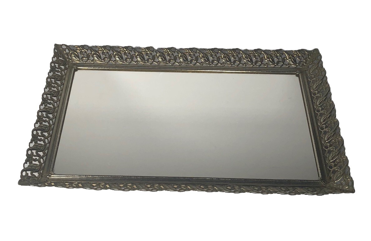 Vintage Ornate Gold Filigree Mirrored Tray Vanity Decorative Floral Rectangle
