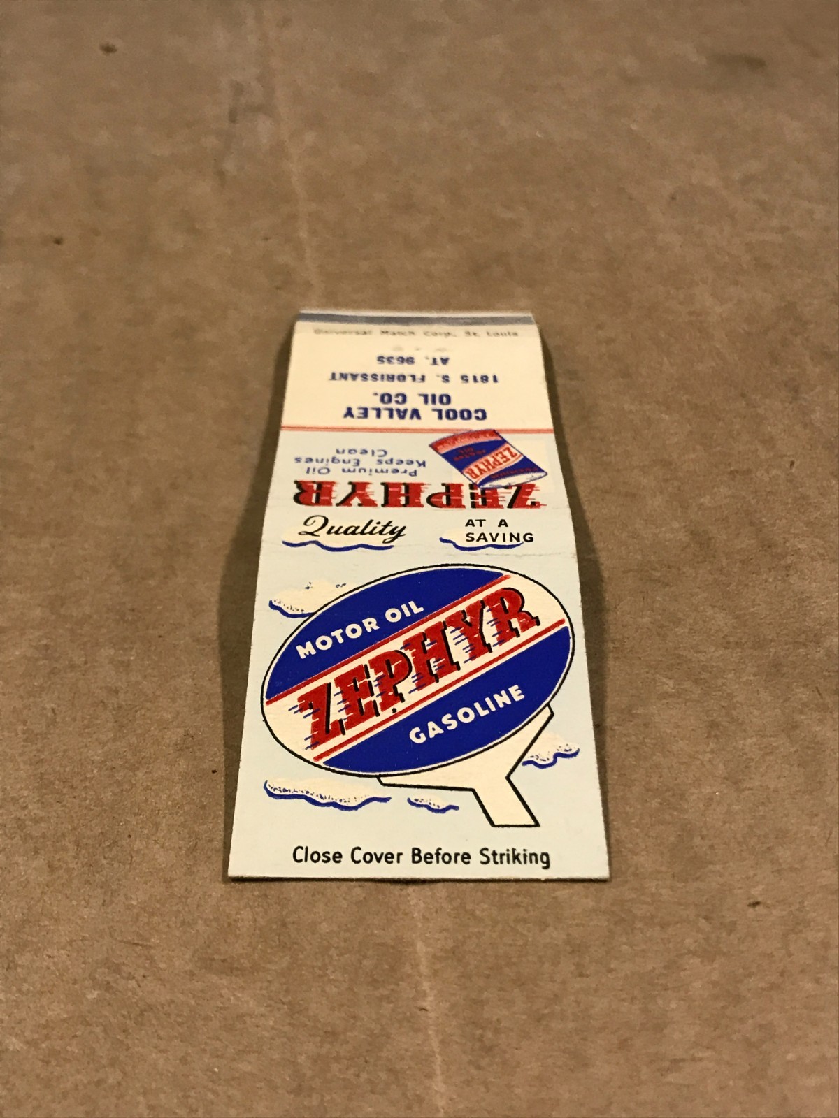 Vintage Zephyr Motor Oil - Matchcover, Matchbook