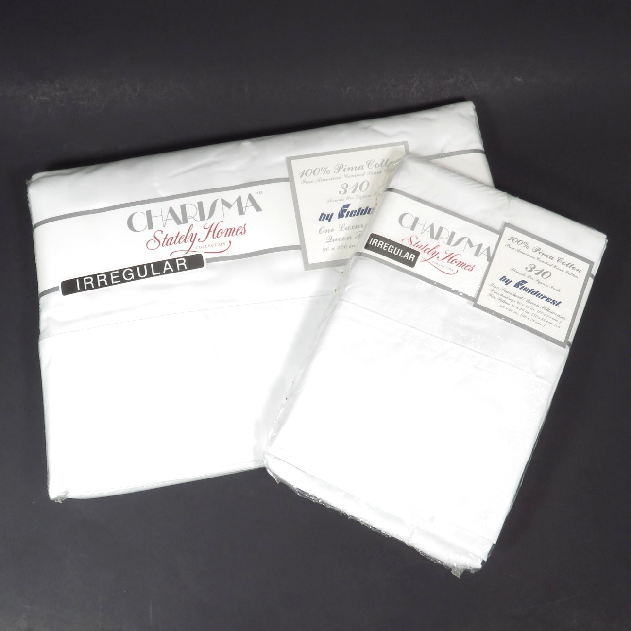 Fieldcrest Charisma Shadow Stripe Queen Flat Sheet 2 Pillowcases White Cotton