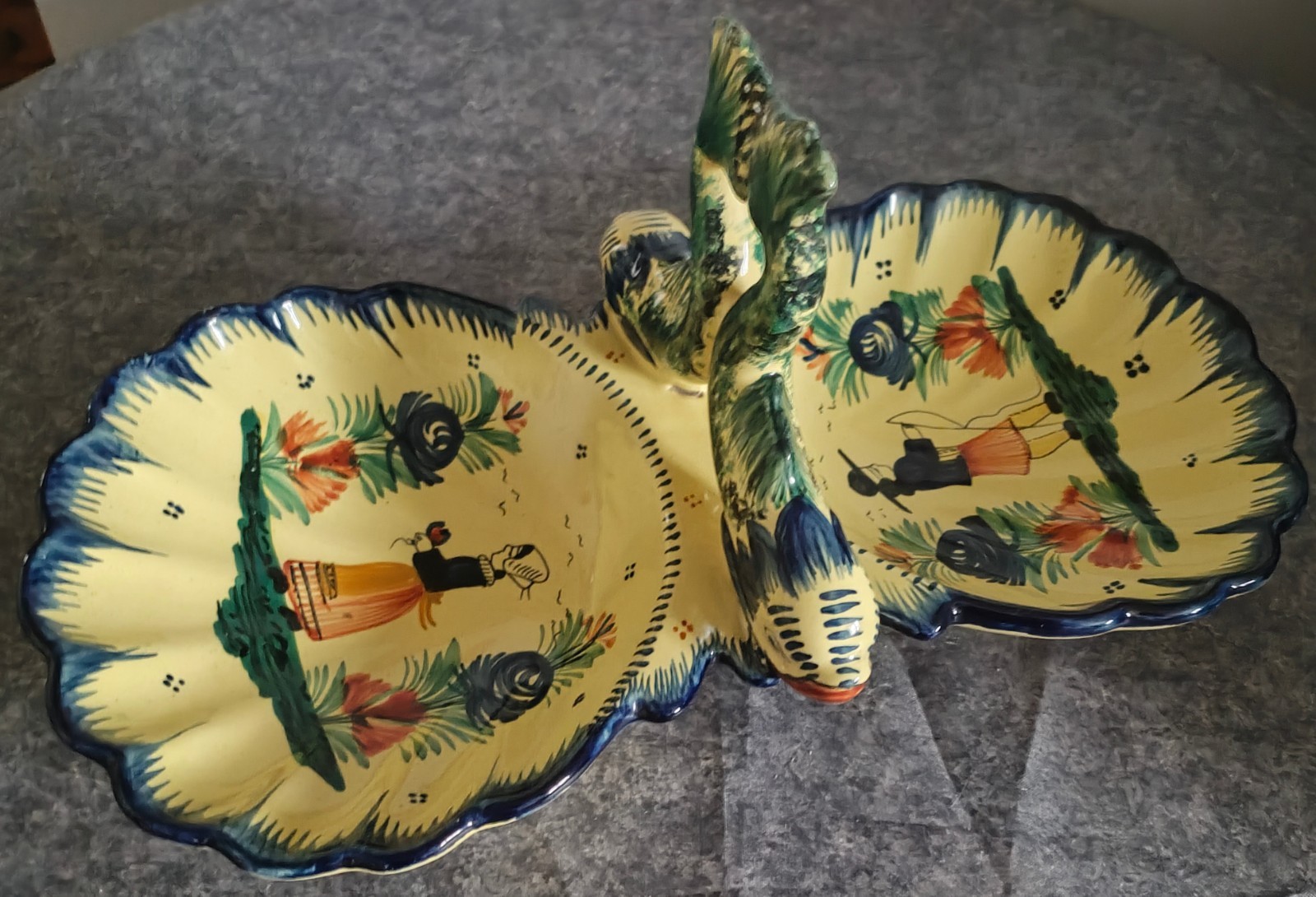 Henriot Quimper Hand Painted Pottery Double Serving Bowl RARE