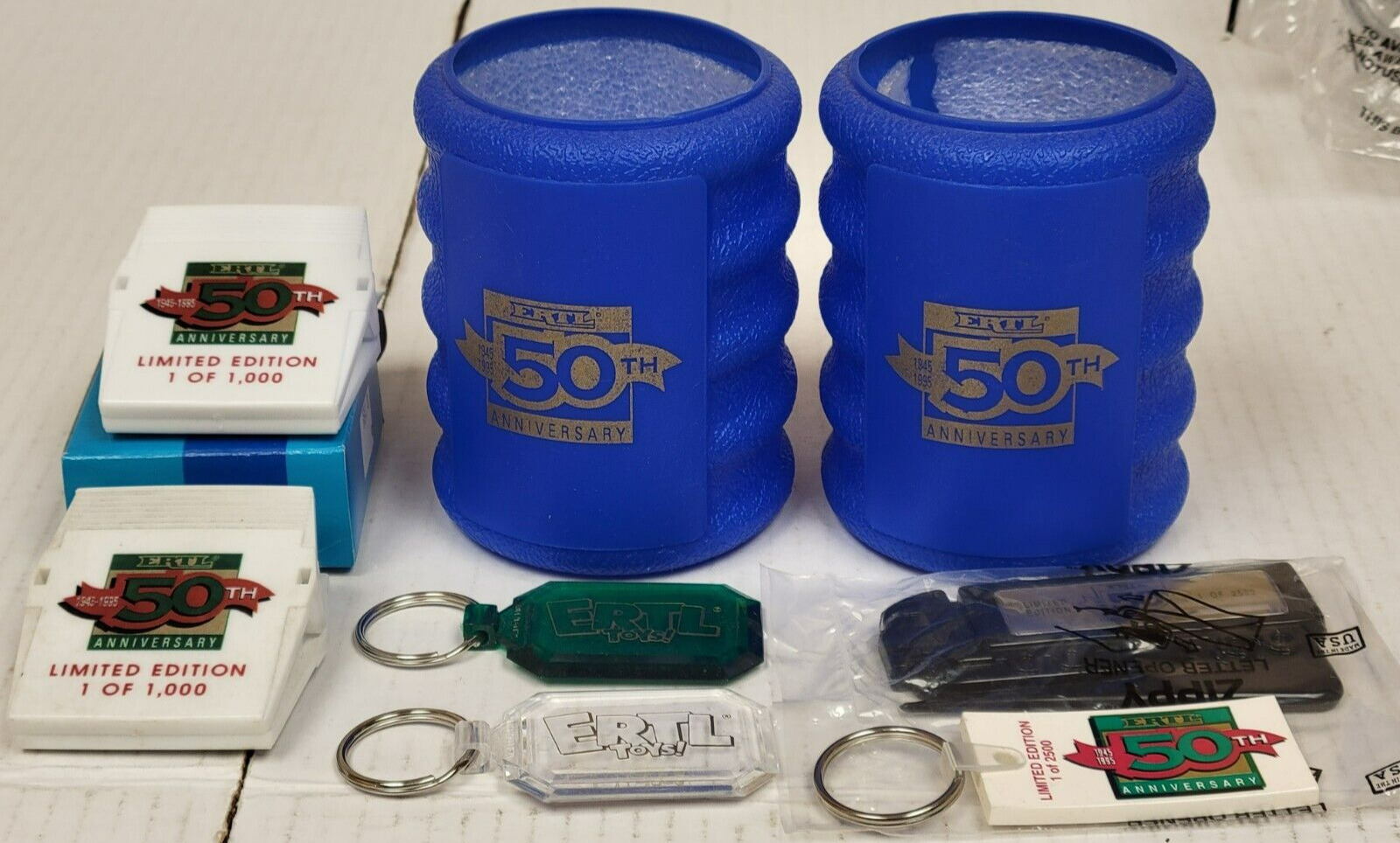 ERTL 50th Anniversary 1945-1995 - Clips Keychains Can Coolers Opener (Lot of 8)