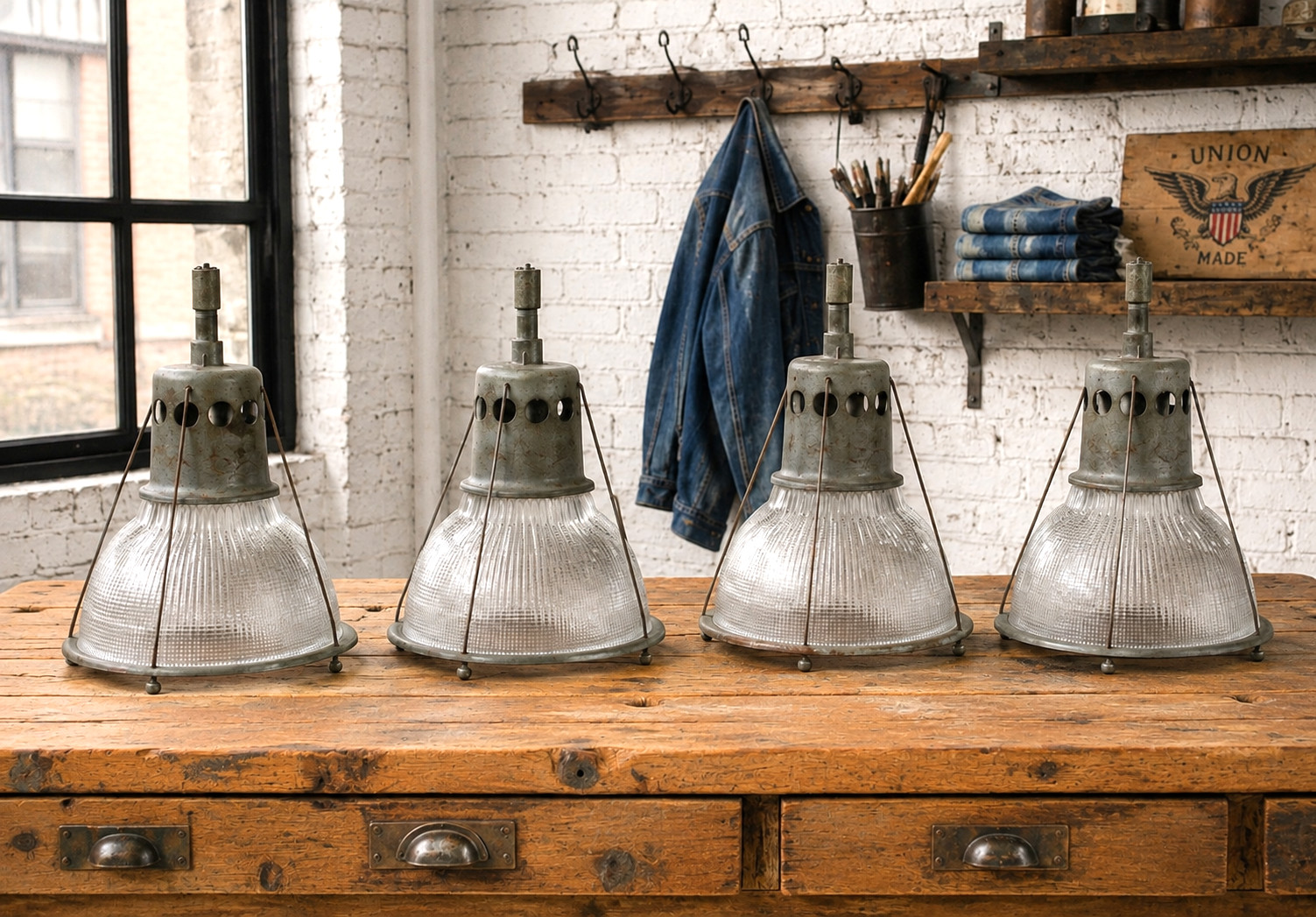 VINTAGE HOLOPHANE INDUSTRIAL FACTORY PENDANT LIGHT RIBBED GLASS LAMP SHADE