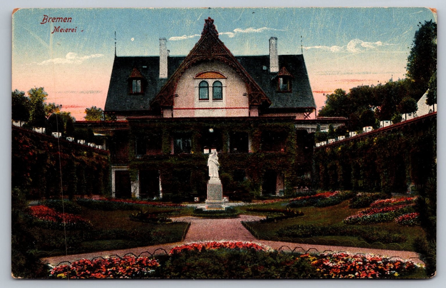 Bremen Meierei German Estate Postcard Paul Andress Villa Garden Statue c1910 Bremen Meierei German Estate Postcard Paul Andress Villa Garden Statue c1910