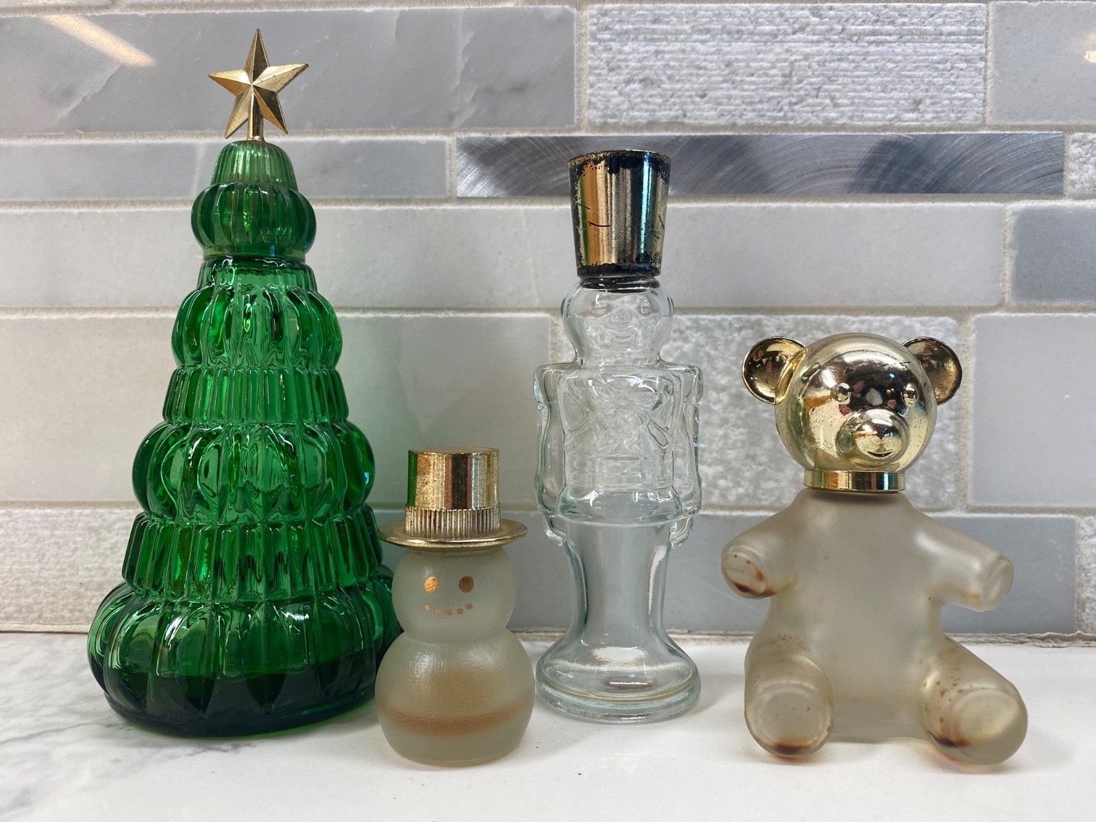 4 Avon Christmas Tree Toy Soldier Snowman Bear Perfume Bottles 1970\'s Empty