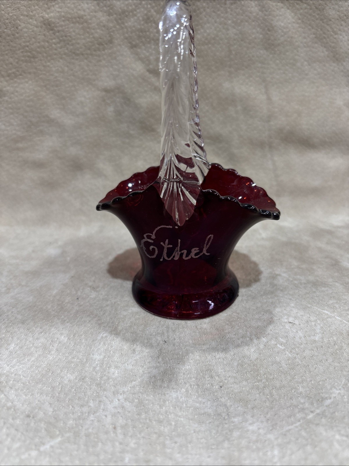 Vintage Ruby Red Flashed Souvenir Pressed Glass Basket. Etched Ethel. 1922