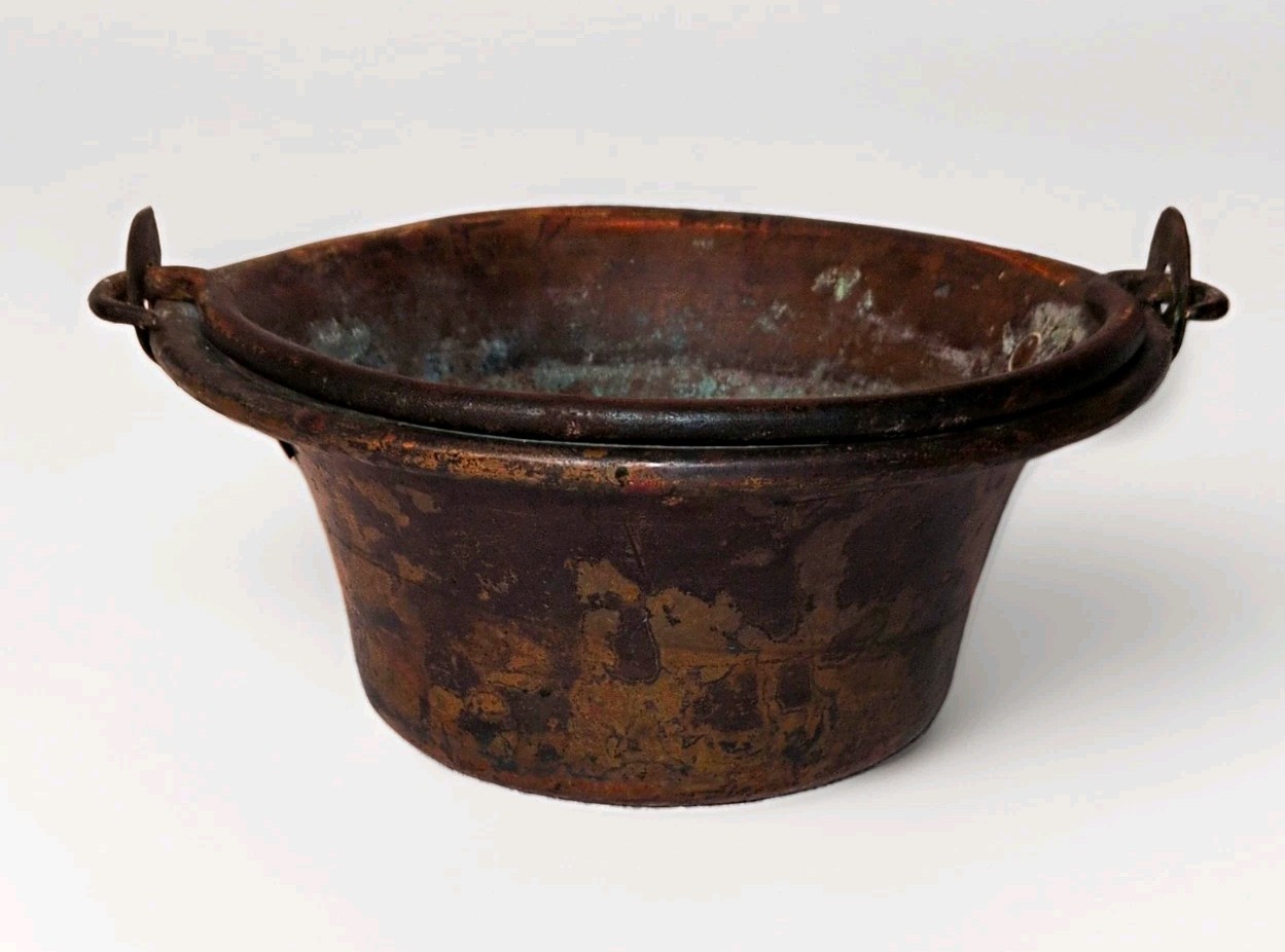 Antique French Copper Cauldron Pot 10.5” Villedieu Stamped 42oz Wrought Iron