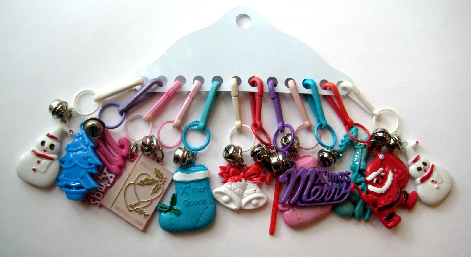 RETRO 1980's Plastic Bell Clip On CHRISTMAS 80's Necklace VTG Charm LOT On Card