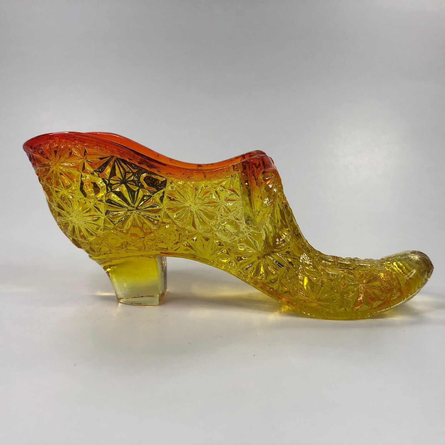 Kanawha Glass Amberina Daisy & Button Slipper Shoe Cadmium Glow Bow Figurine USA