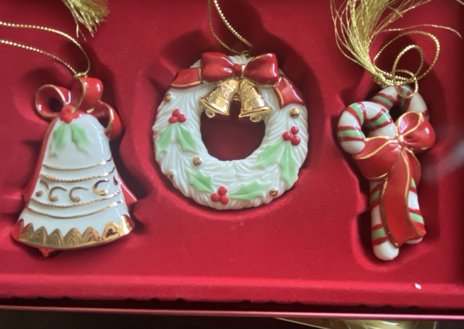 Lenox 2003 Christmas Ornaments Set (3) Porcelain Bell Wreath Candy Cane 