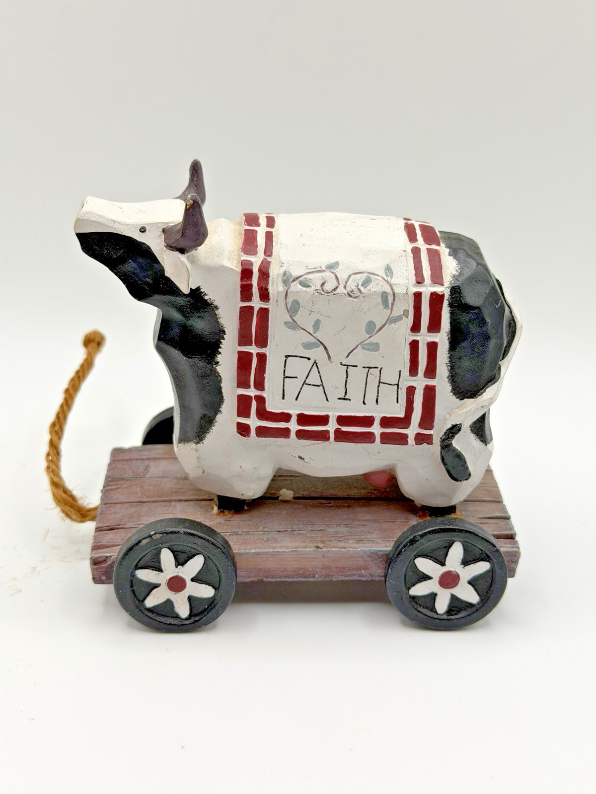 FARMHOUSE ANIMAL COW ON PULL CART COUNTRY STYLE PRIMITIVE VINTAGE