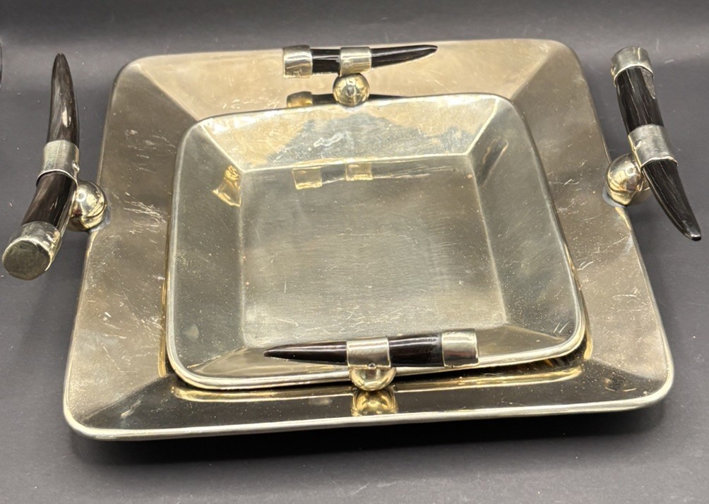 Vintage Cerra Nickel Silver Square Tray Set Black Horn Handles Gaucho 