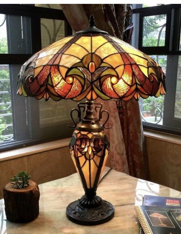 23” Tiffany Style Victorian Stained Glass Double Lit Table Accent Reading Lamp