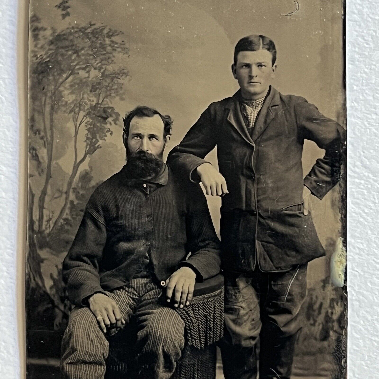 Antique Tintype Photograph Handsome Working Class Men Beard Affectionate