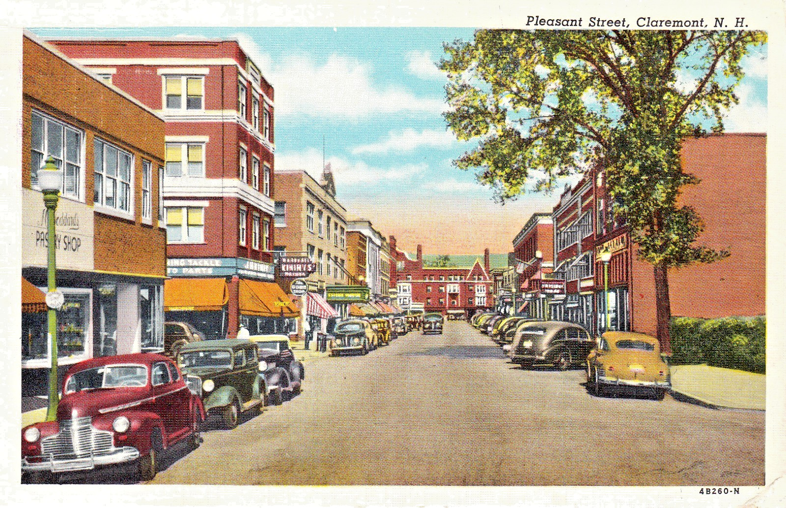 Claremont NH Pleasant Street Scene Shops Businesses Classic Cars c1940s Postcard