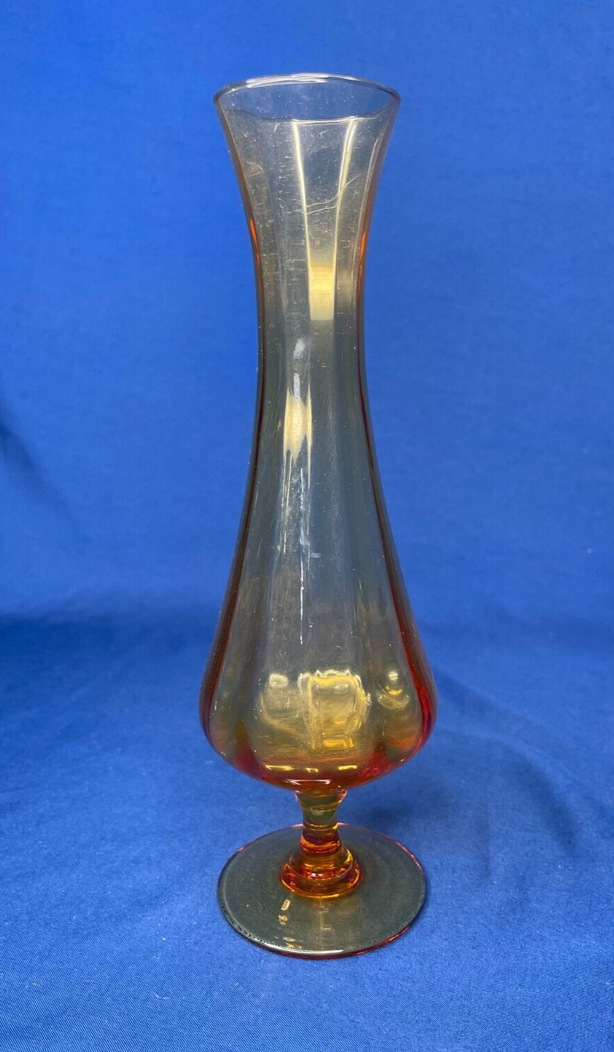 Mid Century Honey Amber Hand Blown Paneled Footed Glass Bud Vase 9\