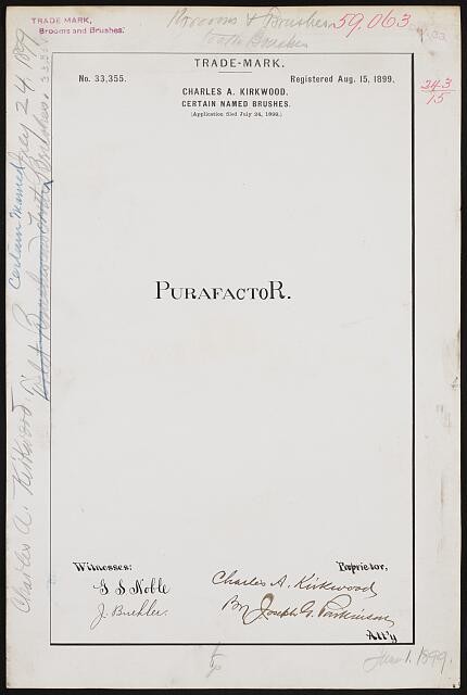 Charles A Kirkwood Purafactor Trademark Brushes 1900s Patent Document