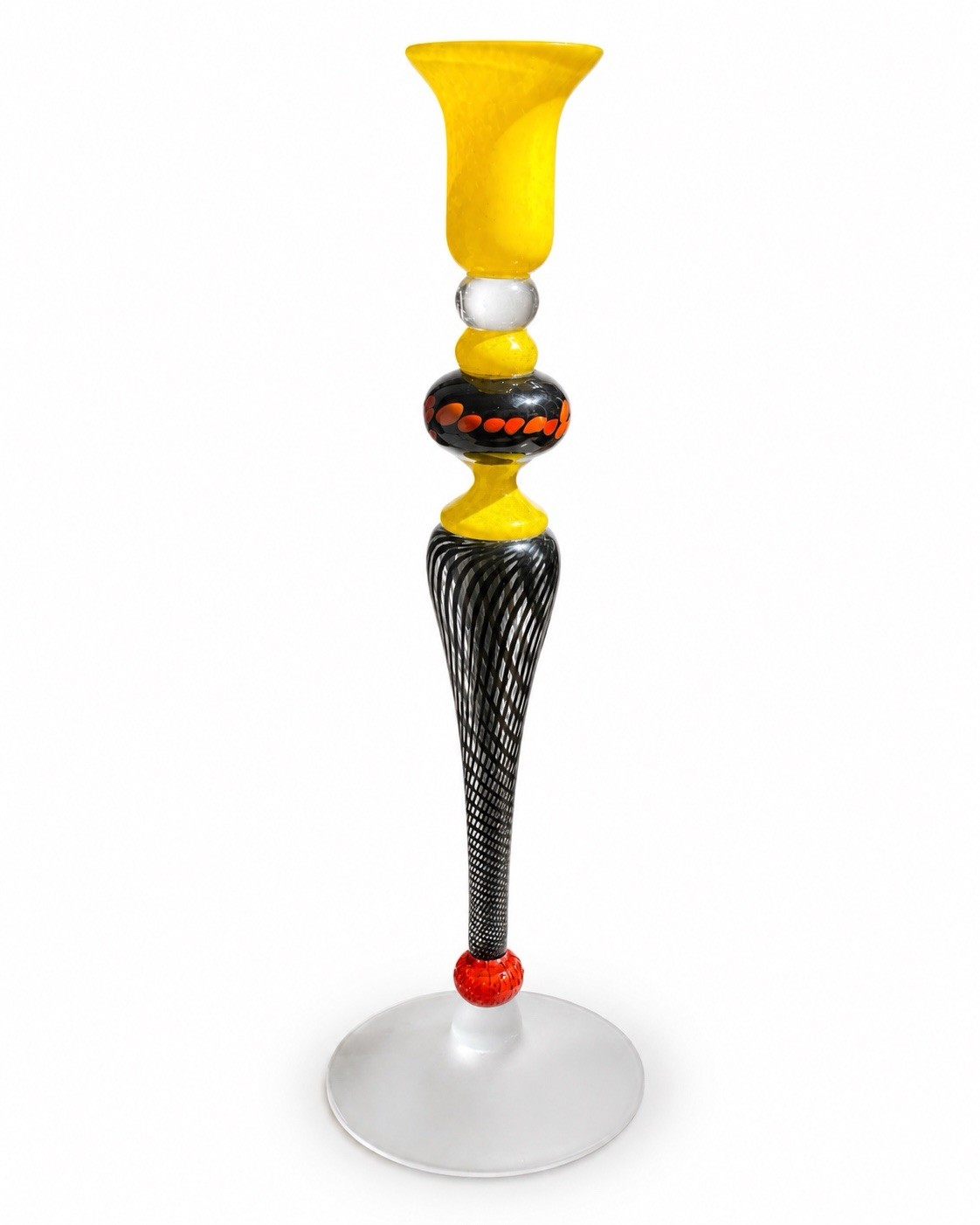 Signed Ioan Nemțoi Blown Art Glass Candlestick Holder - Yellow, Black & Red Signed Ioan Nemțoi Blown Art Glass Candlestick Holder - Yellow, Black & Red