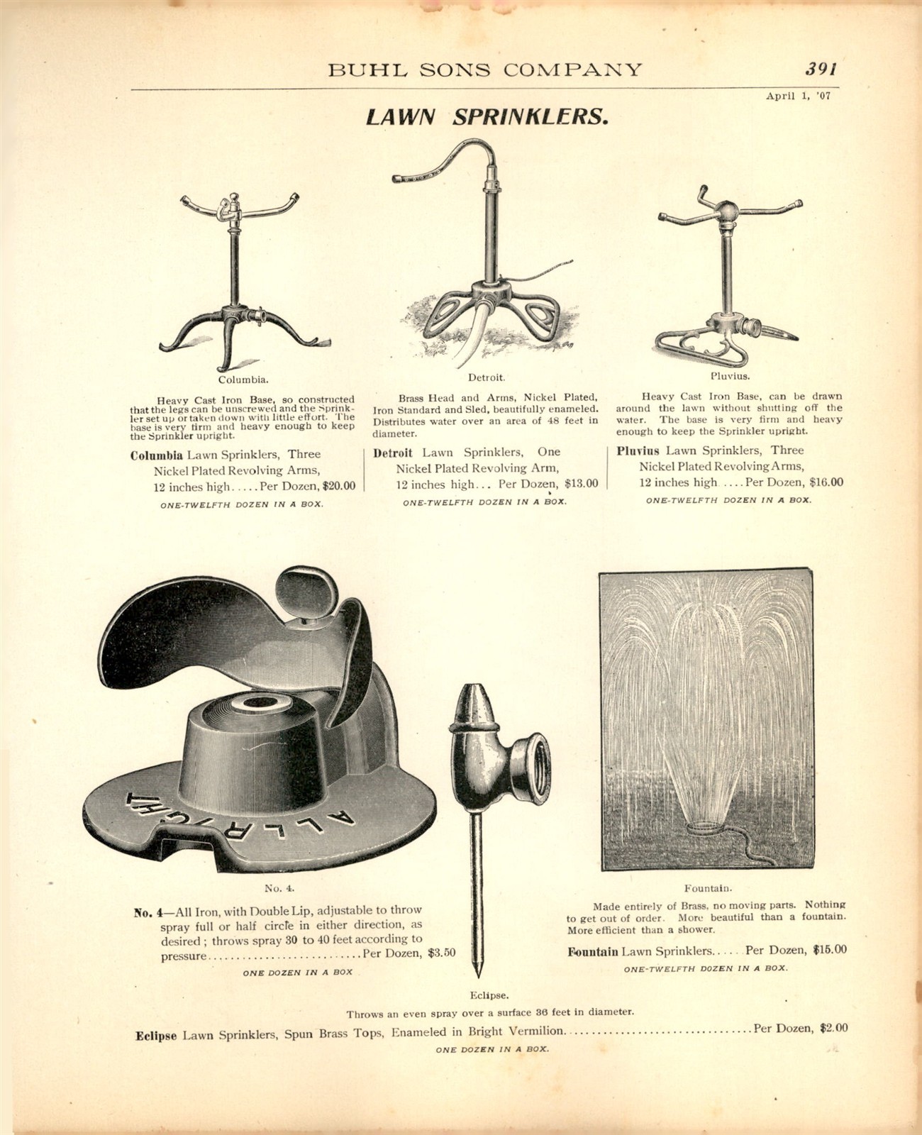 1907 PAPER AD Vintage antique lawn sprinkler Columbus Detroit Pluvius Fountain