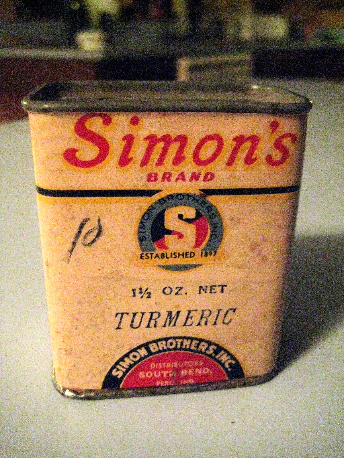 Vintage Simon\'s Brand Turmeric 1 1/2oz. Paper Label Spice Tin Full Simon Bros.