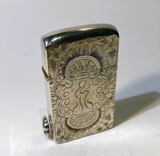 Rare 1911 Unger Brothers sterling silver engine turned automatic petrol lighter
