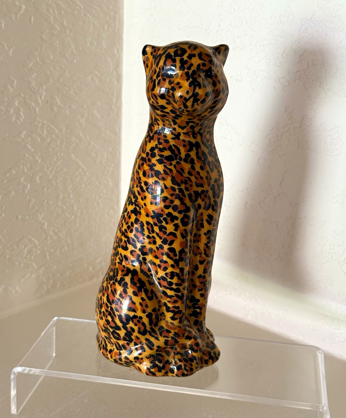 Vintage Standing Leopard Figurine Fabric Patchwork With High Gloss Finish 8” in