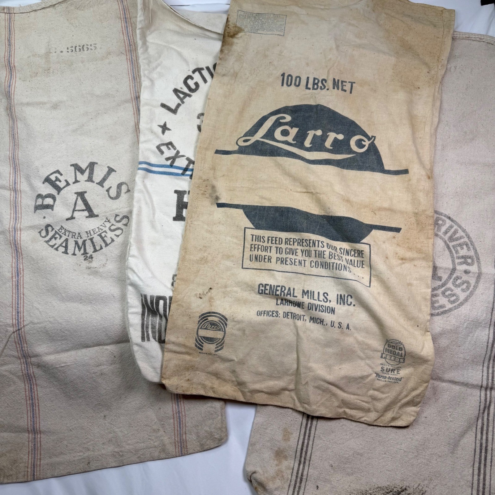 Vintage Grain Feed Sacks Lot Bemis Larro General Mills Farmhouse Decor 4 pc Vintage Grain Feed Sacks Lot Bemis Larro General Mills Farmhouse Decor 4 pc