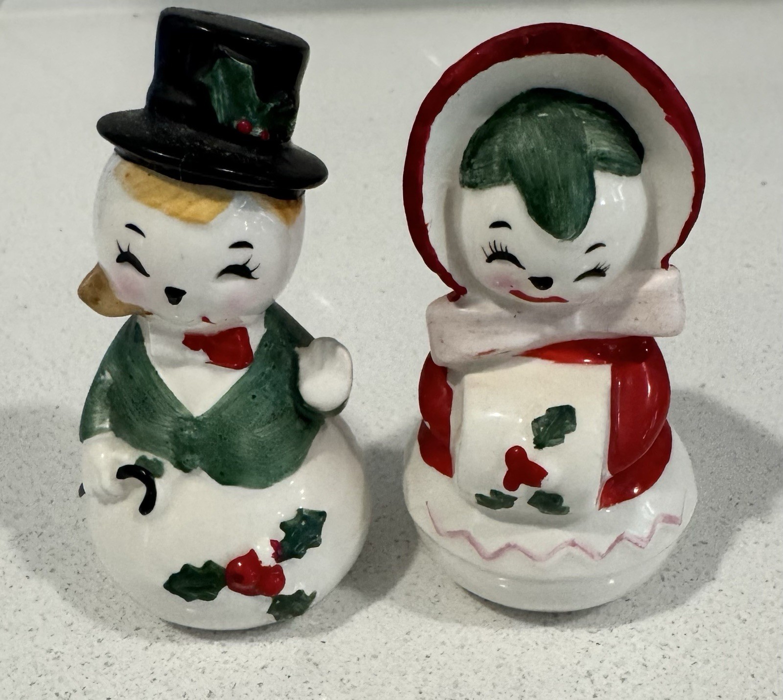 Vintage Lefton Mr & Mrs Snowman Salt Pepper Shaker Japan Christmas ~READ~