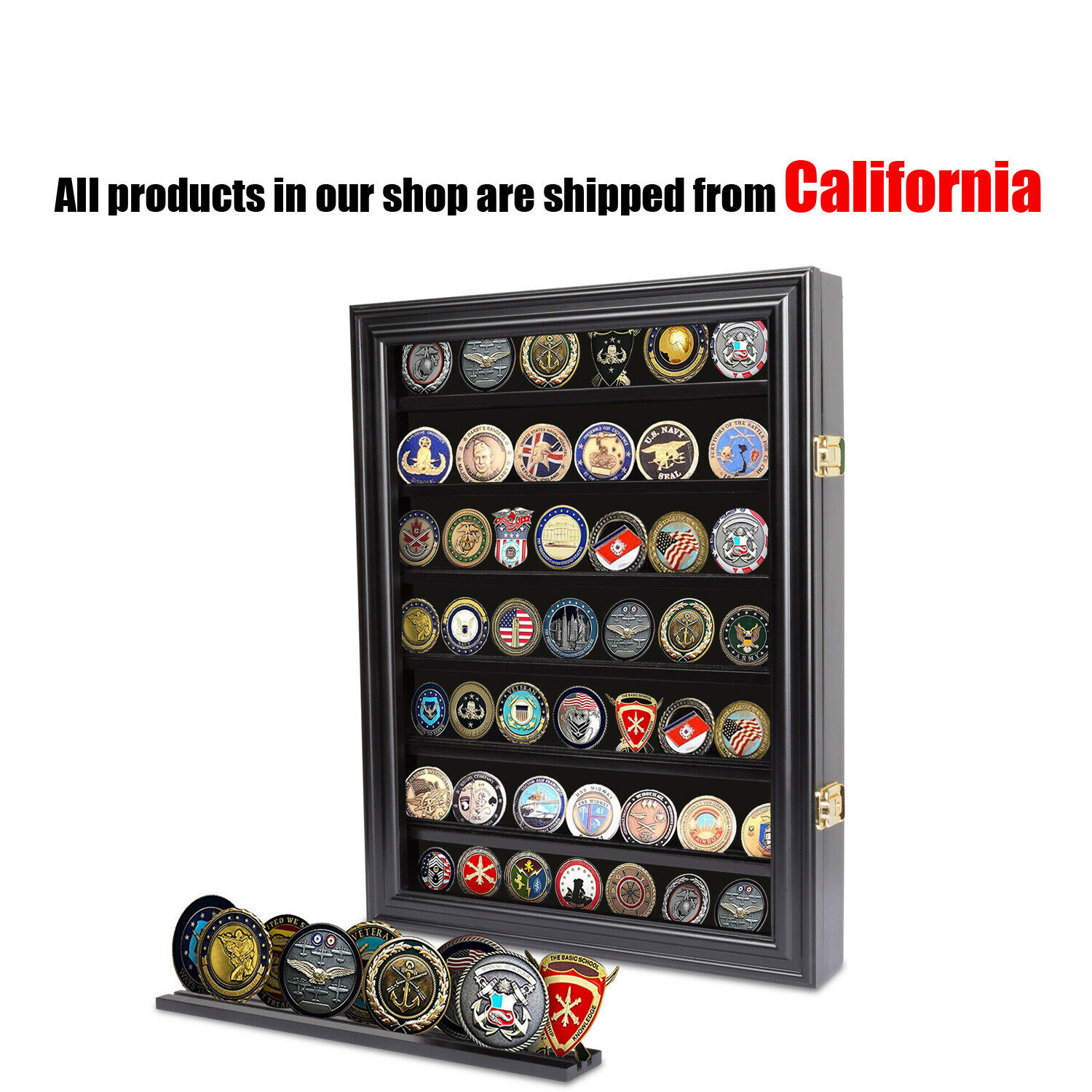 Military Challenge Coins Display Case Cabinet Glass Door Shadow Box Holder Black