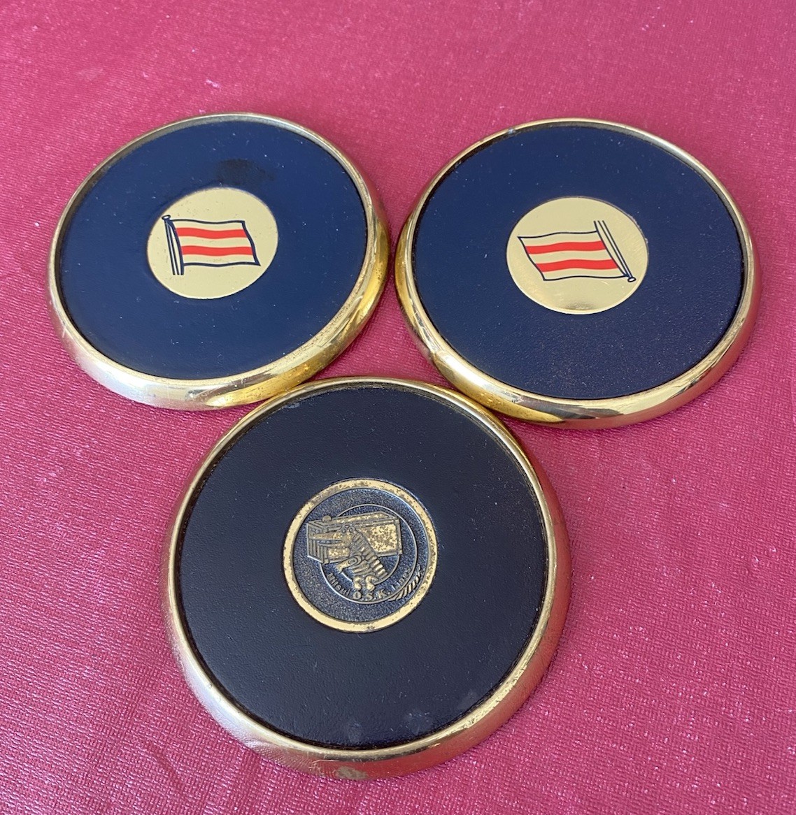 Vintage Mitsui OSK Lines Japanese Shipping Company Coaster Brass Set Of 3