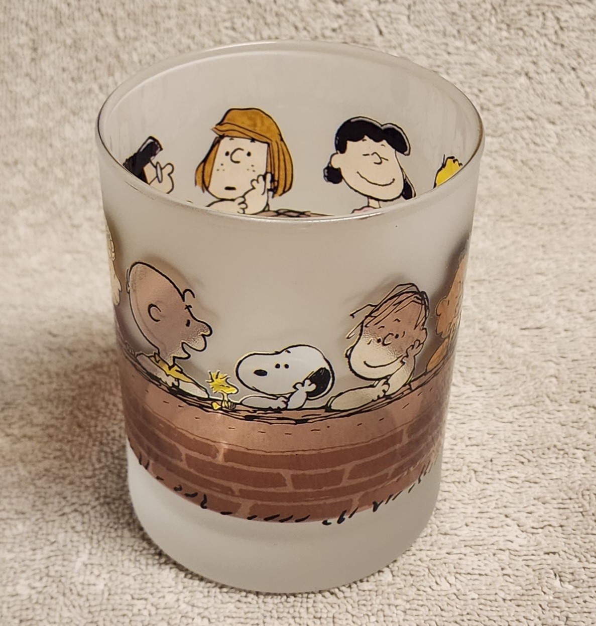 Vintage Peanuts Brick Wall Frosted Glass Charlie Brown Snoopy 9 Characters 4.25\