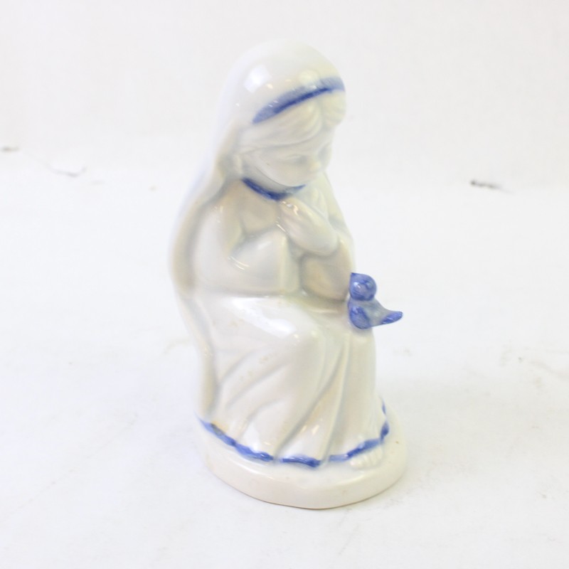 Blue & White Porcelain Figurine Girl Holding Blue Bird Vintage Collectible