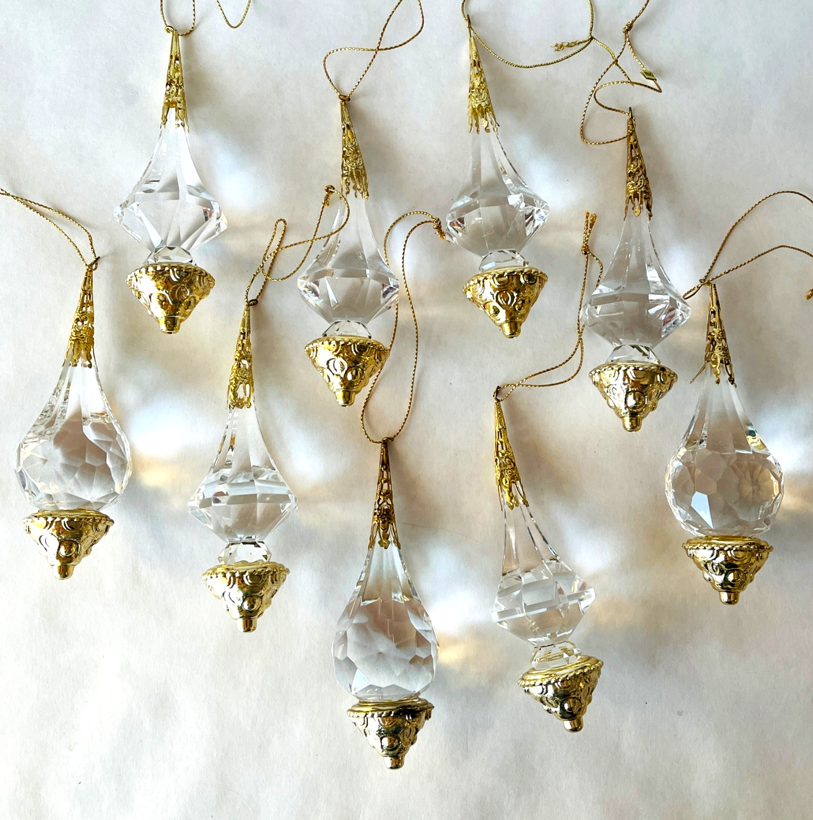 9 Vtg Clear Acrylic Prism Teardrop Christmas Ornaments Gold Tone Caps & Trim