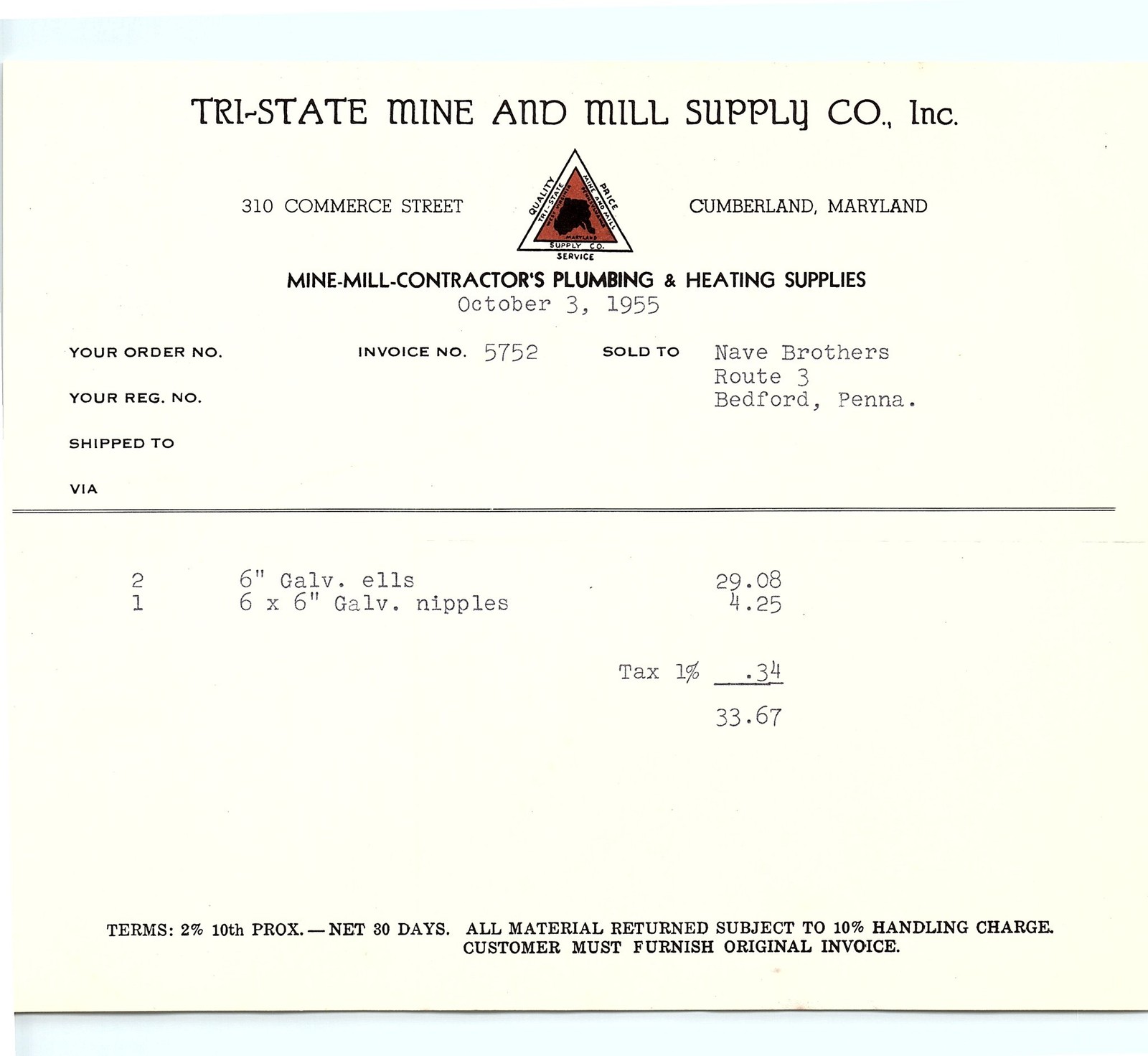 1955 Tri-State Mine & Mill Supply Co. Plumbing Billhead
