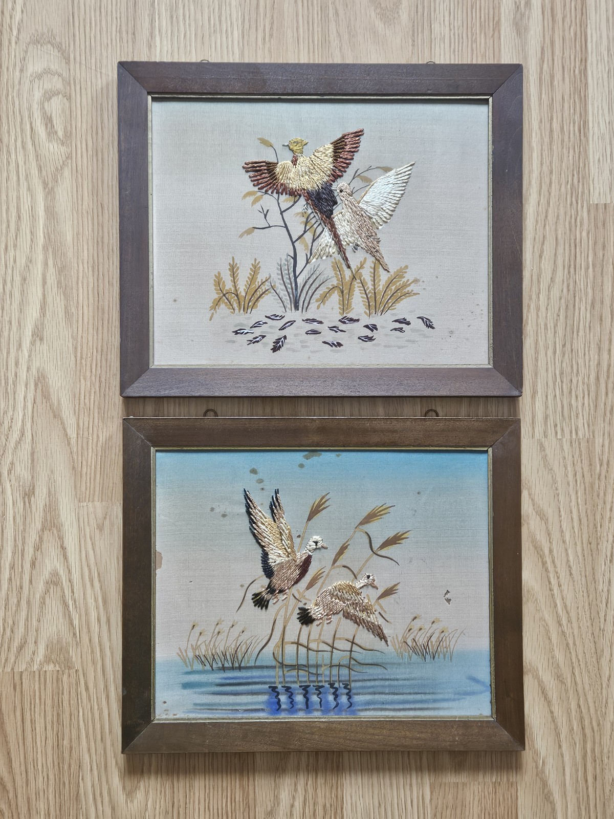 Vintage Enesco Japan Silk Embroidery Bird Art Framed Pair Pheasant Duck Rustic