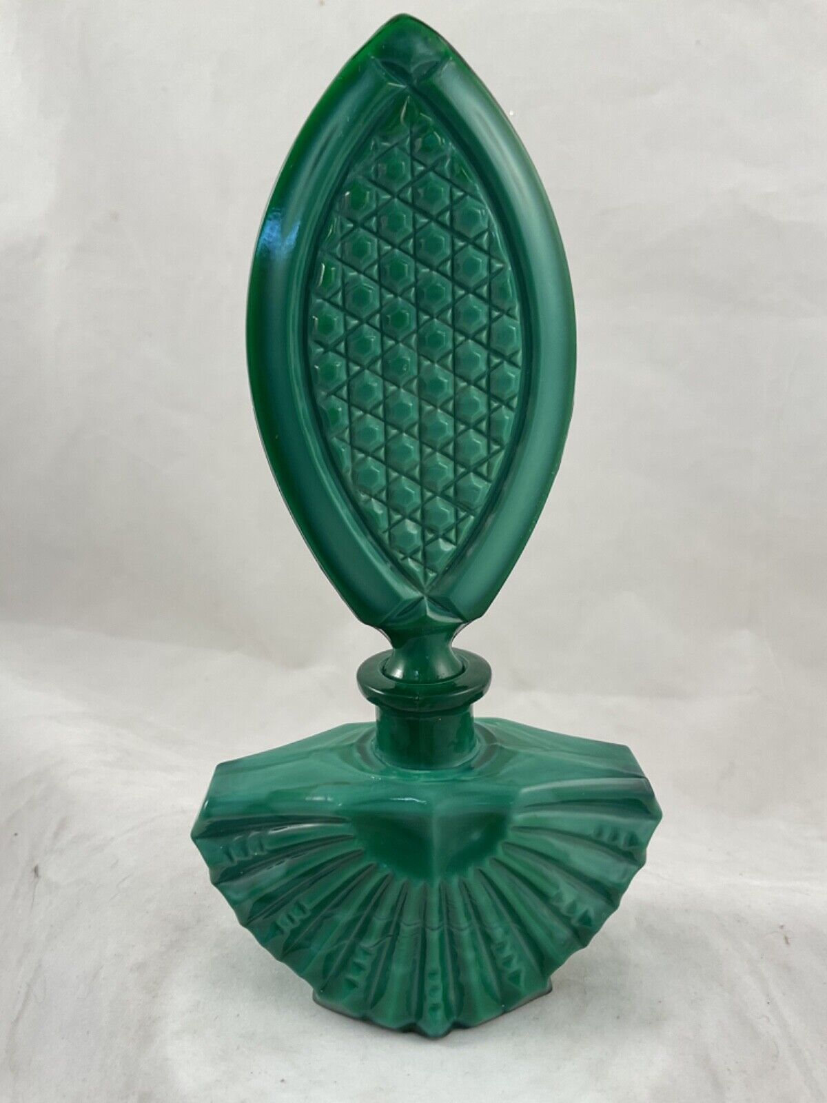 Vintage Art Deco Czech Malachite Glass Perfume Bottle Fan Base 6 3/8” 053106