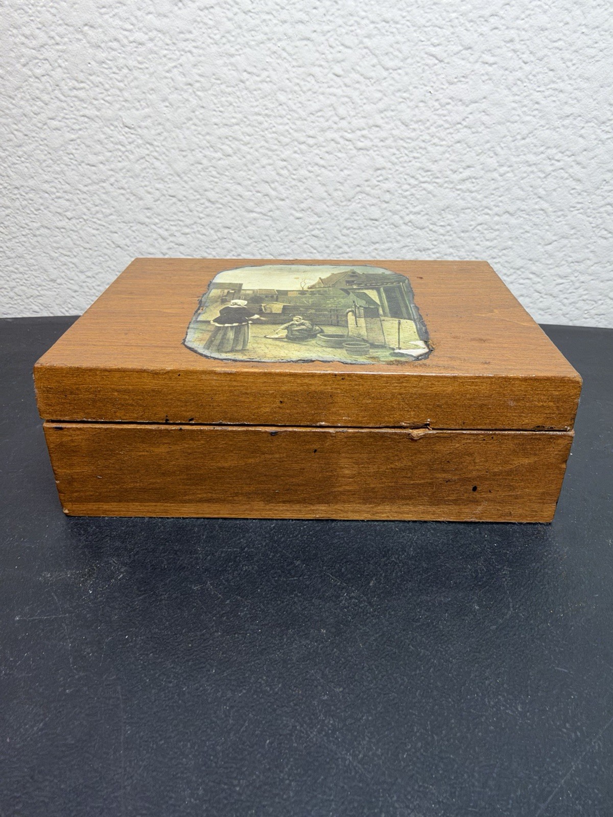 vintage wooden box decorated famous Art A woman and her Maid in a Courtyard 