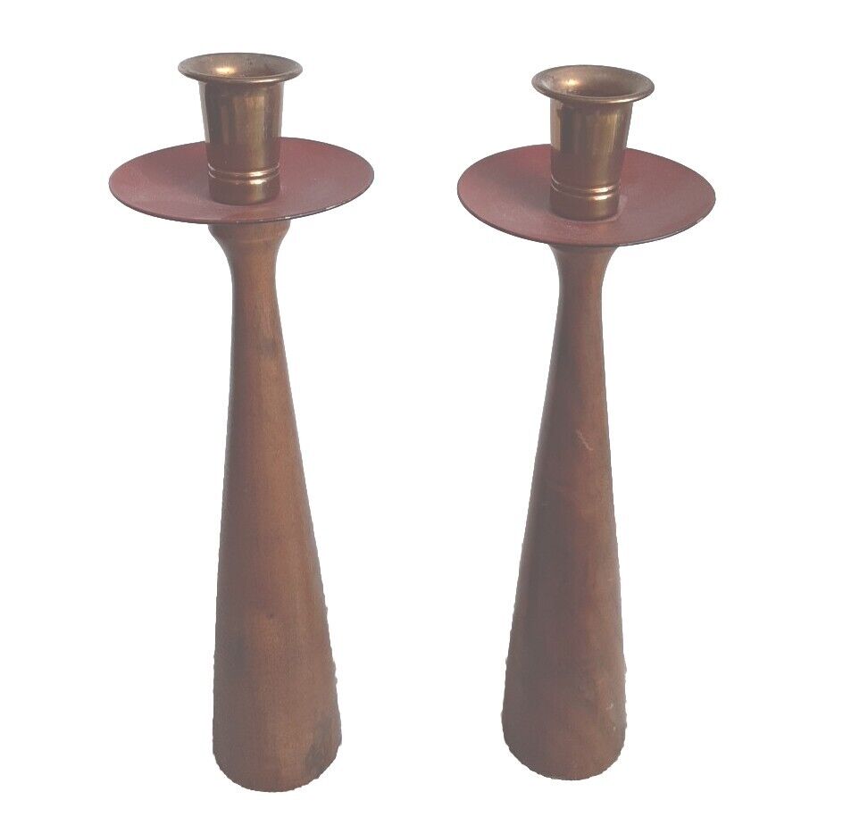 1950-60s Rude Osolnik Walnut Wood Copper Candle Stick Holder Hand Turned Set MCM