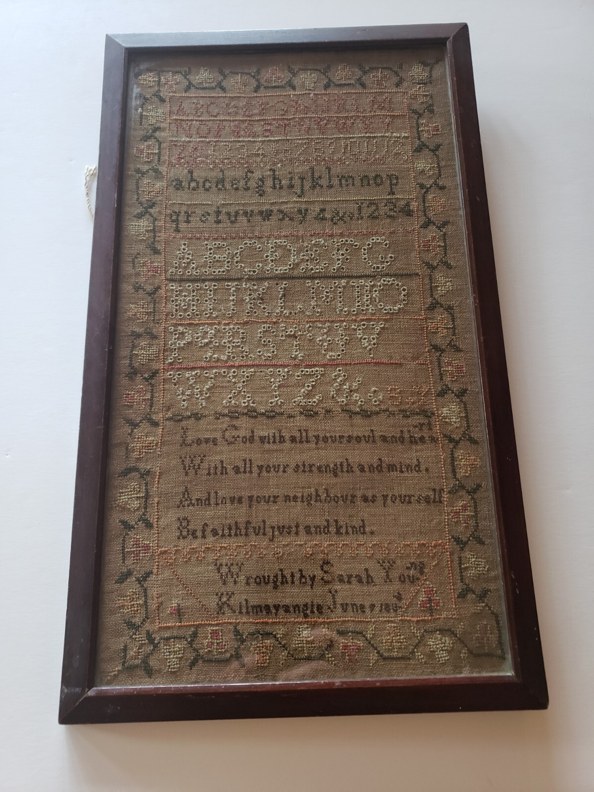 Antique Irish Embroidery sampler. 1838 Whrought by Sarah Young.