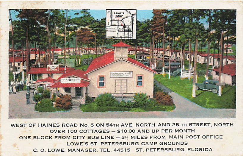 Postcard FL: Lowe's St. Petersburg Camp Grounds, St. Petersburg Florida WB 1934