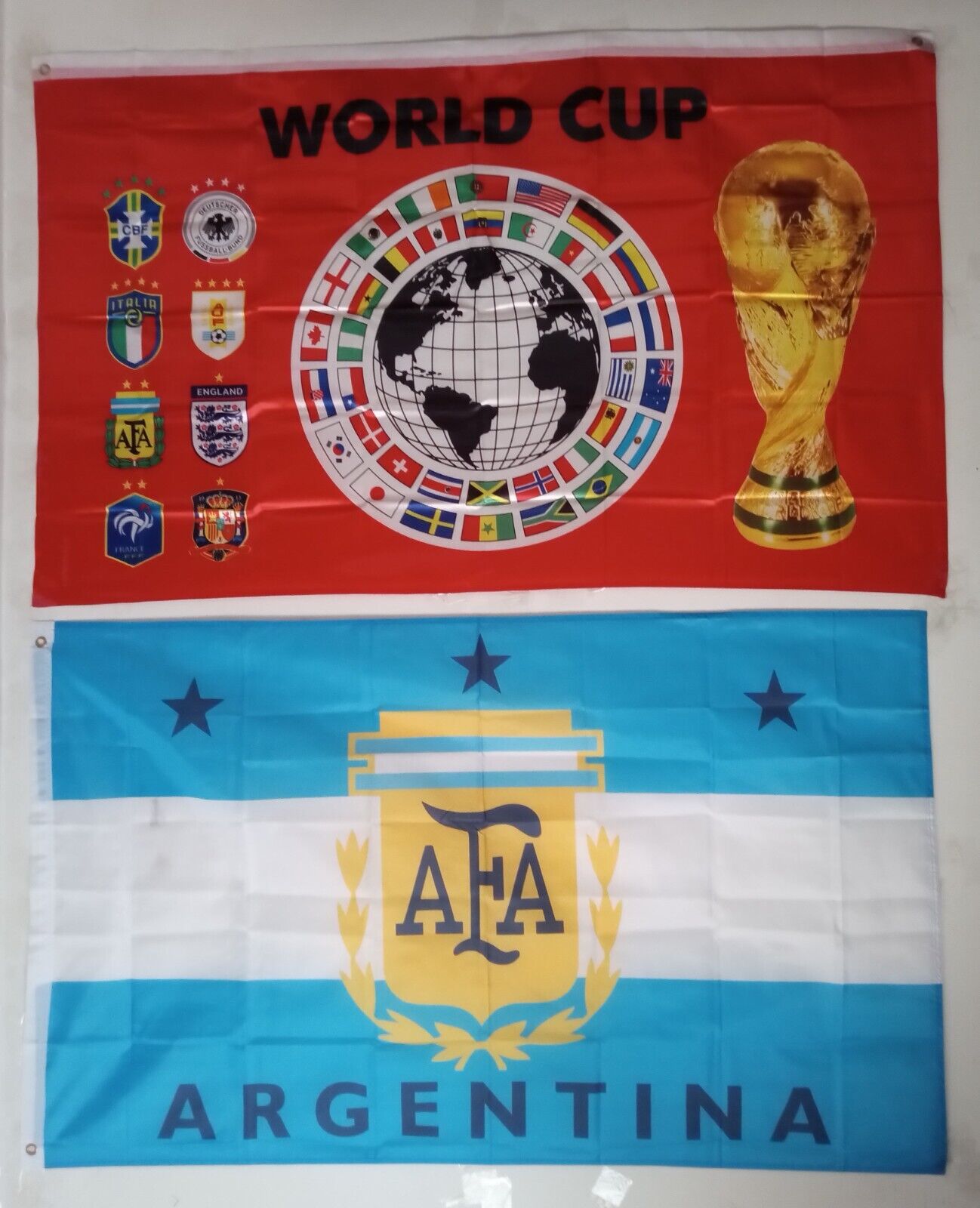 1 ARGENTINA WORLD CHAMPION FLAG + 1 GENERIC WORLD CUP FLAG (3X5 FT) $35