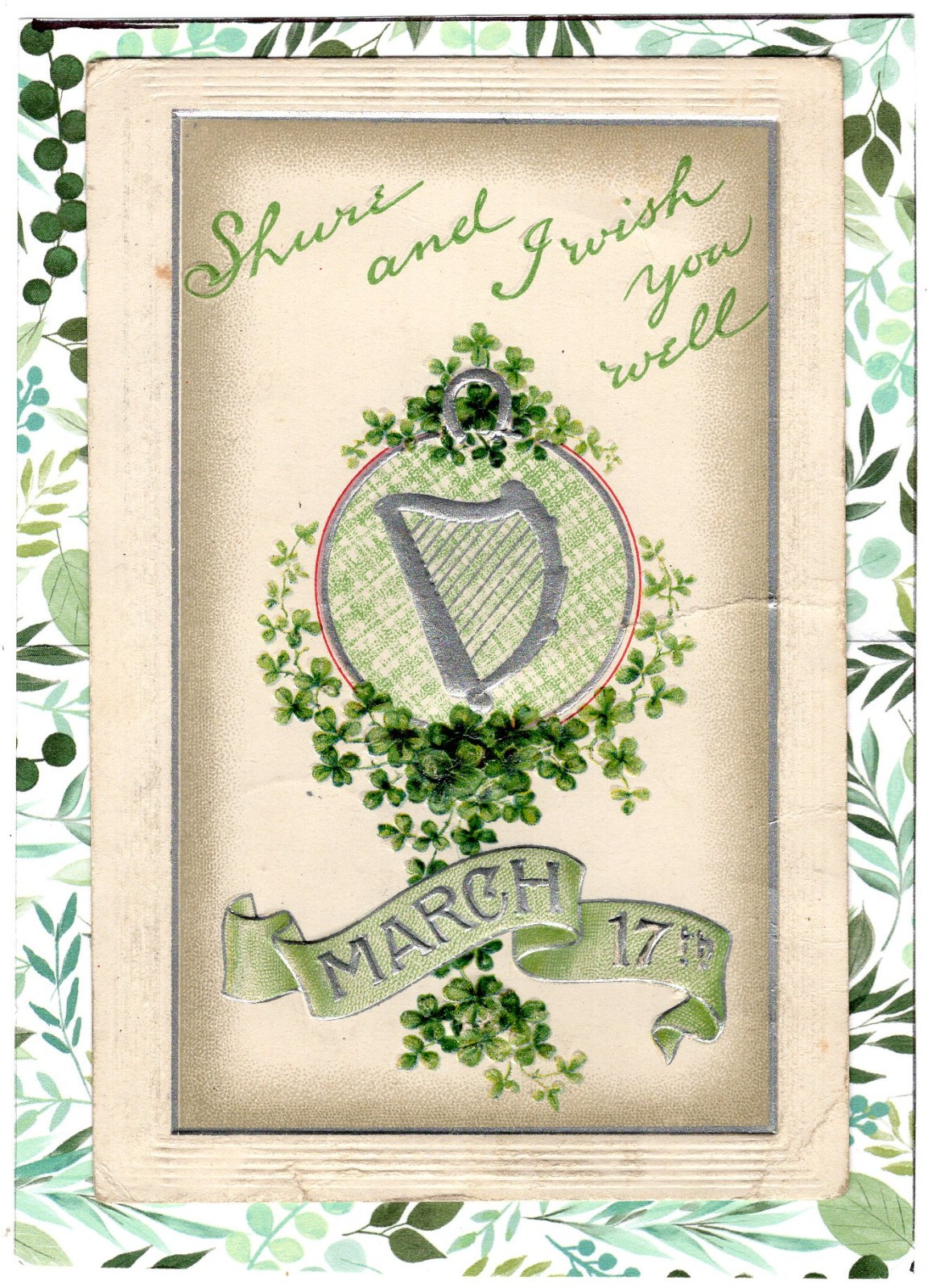 St. Patrick\'s Day Postcard With 1c Stamp Embossed Holiday Antique Irish Harp