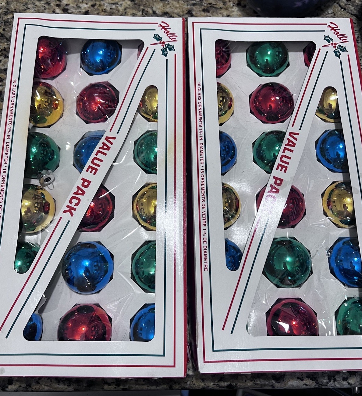 (18) Vintage Christmas Glass Tree Ornaments In Holly Box (18) Vintage Christmas Glass Tree Ornaments In Holly Box