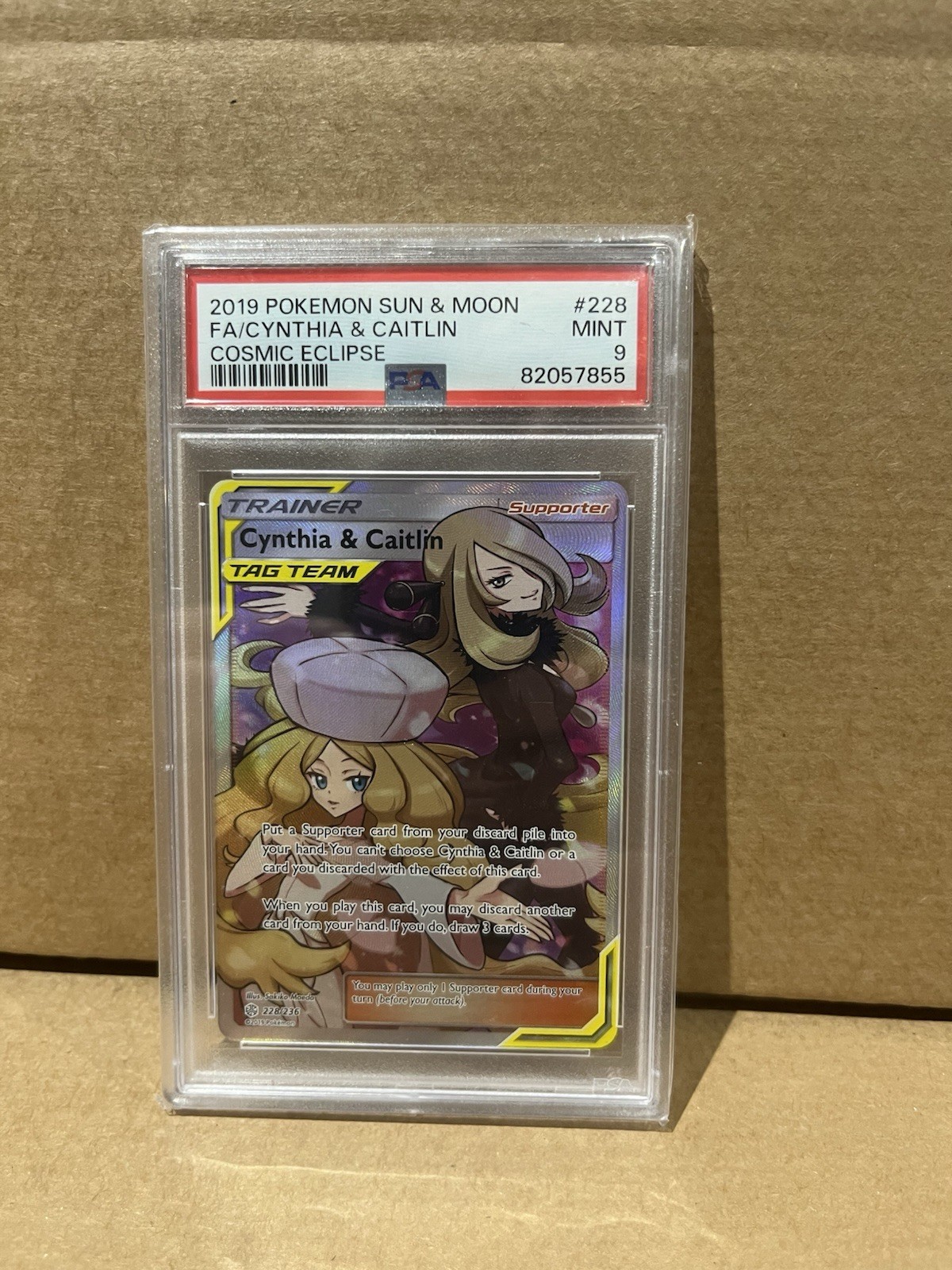 Pokemon Card Cynthia & Caitlin Tag Team 228/236 Full Art Cosmic Eclipse Psa 9