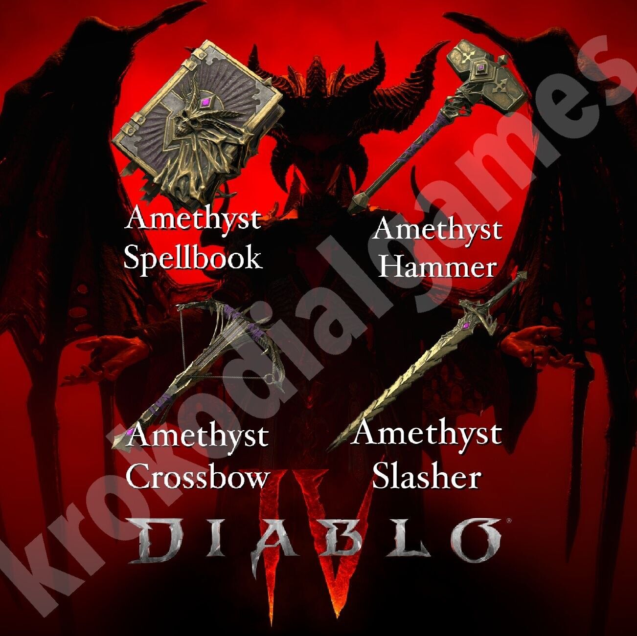 🔥 Diablo IV 4 Amethyst Spellbook, Hammer, Bow, Sword,  4 ITEMS You Pick