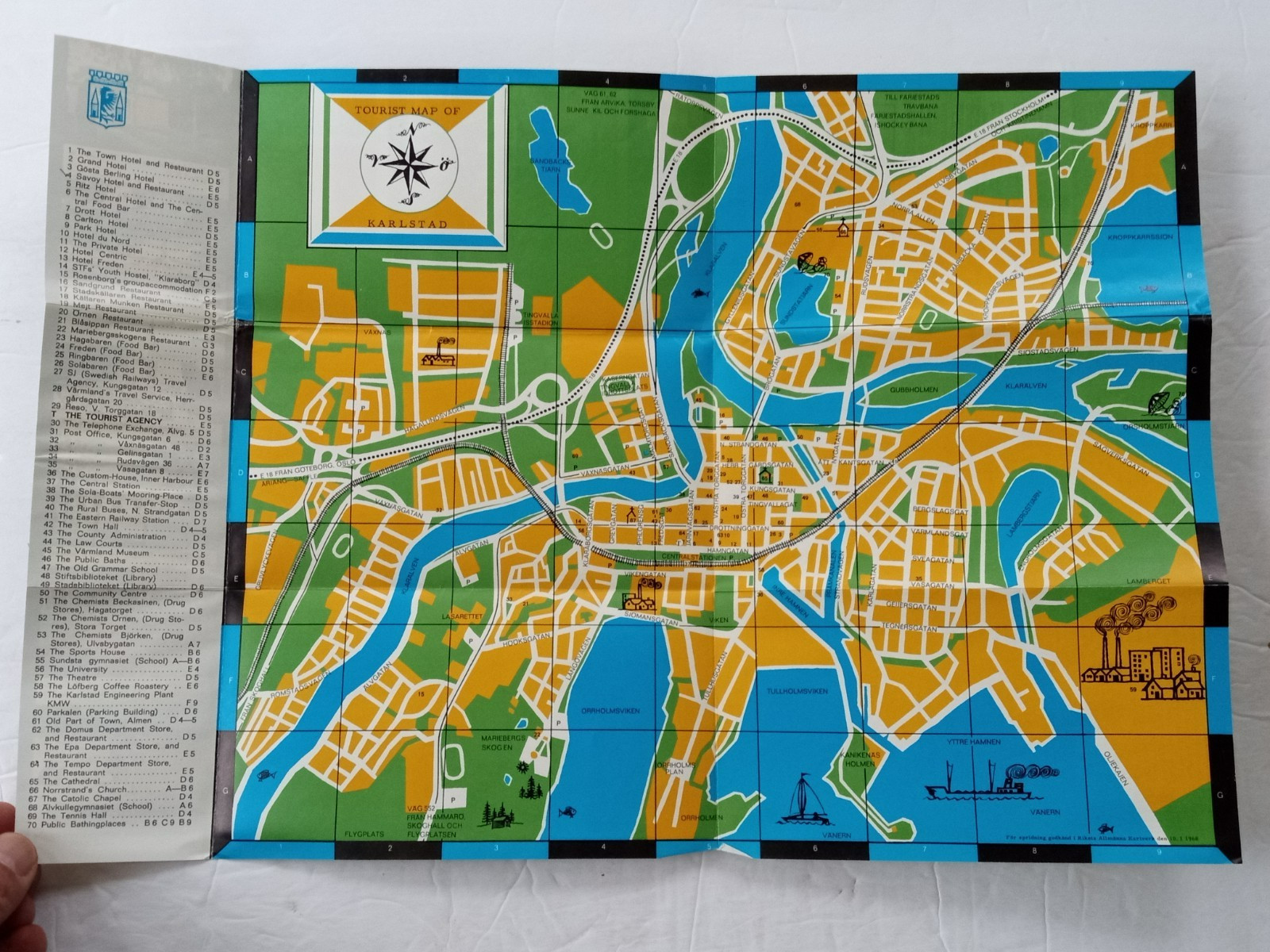 KARLSTAD SWEDEN Birdseye Map 1968 Color Tourist Brochure Attractions Index